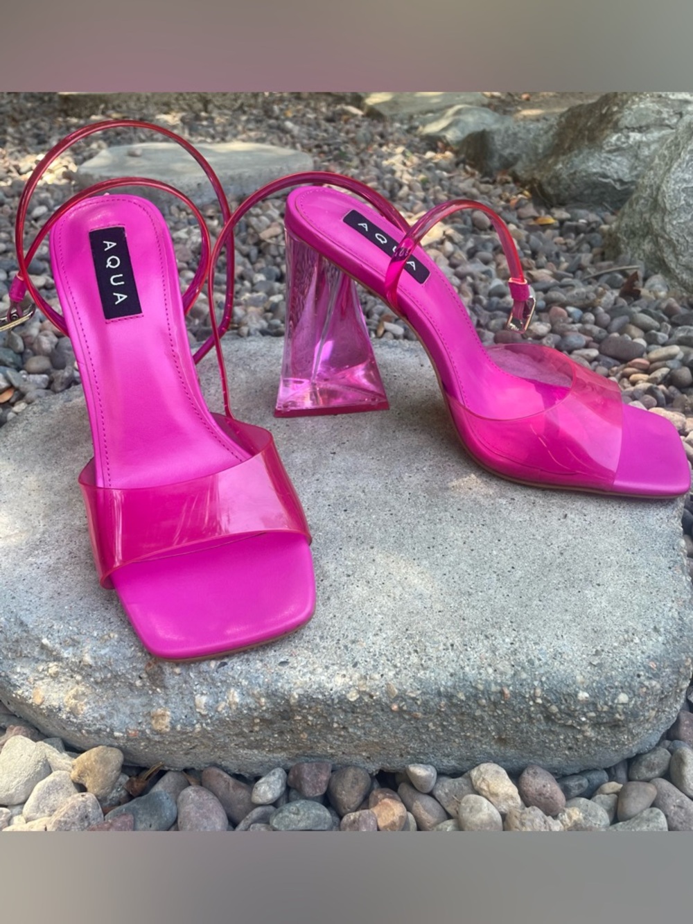 Aqua Fuchsia Clear Strap Block Heel Sandals